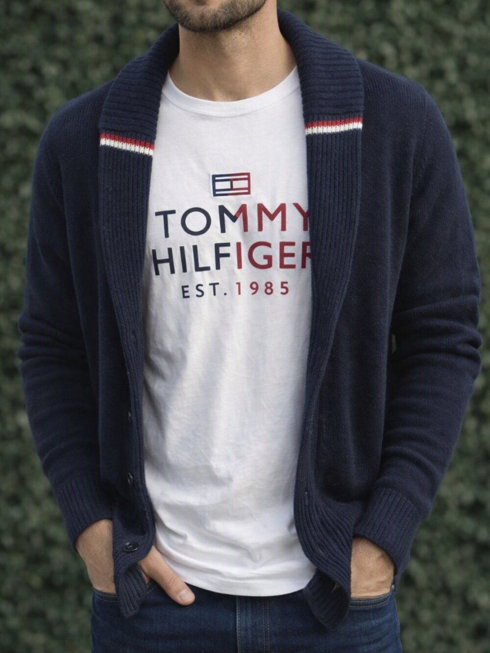 Men'sTommy Hilfiger White Tee with logo and Navy Cottage Cardigan Combo Flawed
